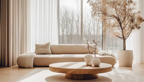 A well-lit modern living room with beige tones and elegant furniture, modern sofa and round coffee