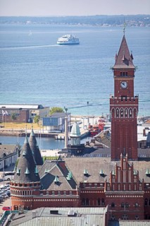 City view Helsingborg, in the centre the town hall, in the background the Oeresund, Skane laen,