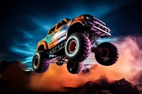 Monster truck driving and jumping outdoors amidst a cloud of dust. Thrill and adrenaline of an