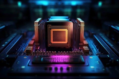 Close-up of a computer processor chip CPU on a motherboard with glowing neon lights. The chip is