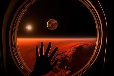 Mars landscape seen through spaceship window illuminator with astronaut hand touching the glass.