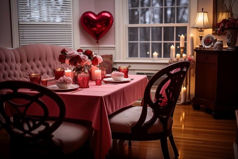 A cozy living room adorned with Valentine's Day decorations, featuring pink balloons, a bouquet of