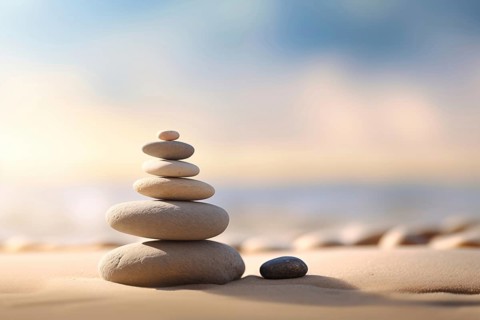 Zen stones stack on sand waves in a minimalist setting for balance and harmony. Balance, harmony,