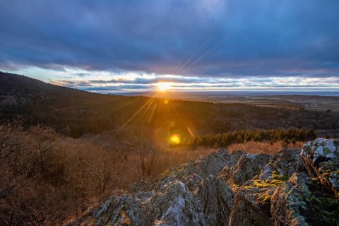 Landscape at the Grosser Zacken, Taunus volcanic region. A cloudy, sunny autumn day, meadows,