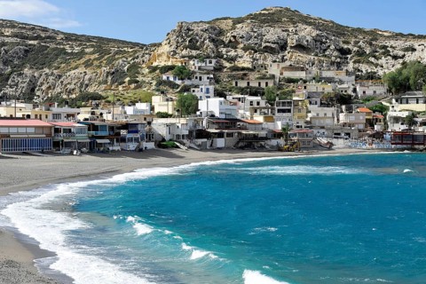 The bay of Matala, island, sea, village, summer, blue sky, beach, bathing beach, island of Crete,