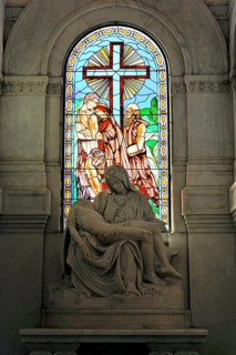 Church window, coloured window in the mausoleum, church on the Cementerio de Cristobal Colon,