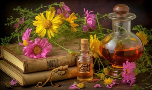 A warm vintage set up with flowers, old books and essential oils AI generated