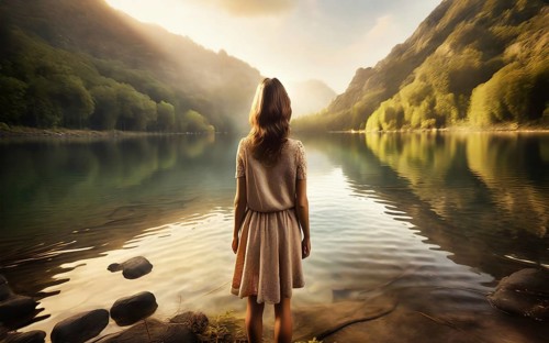 Suicidal thoughts, a young depressed woman with suicidal intent stands in the water by a lake, AI
