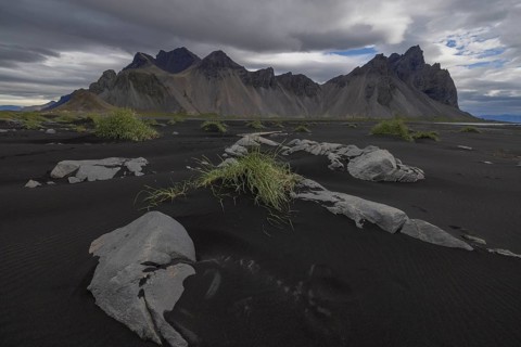Vestrahorn, mountains with black lava sand, southern Iceland