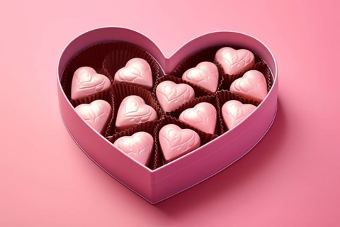 Heart-shaped box with a selection of finely crafted chocolates, perfect for Valentine Day, on pink