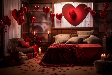 A cozy bedroom adorned with red and white heart-shaped balloons, rose petals, and candles creating