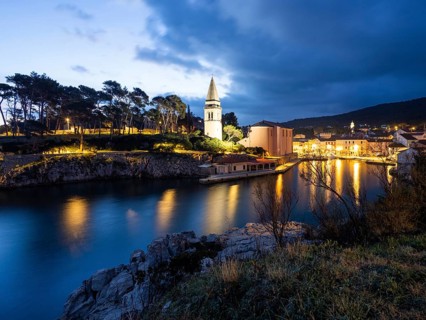St. Anthony's Church and harbour, blue hour at dawn, Veli Losinj, Kvarner Bay, Croatia, Europe