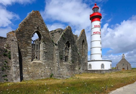 Ruins of the Saint-Mathieu abbey and lighthouse on the Pointe Saint-Mathieu, Plougonvelin,