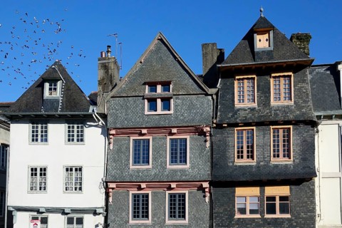Old houses with slate facades on Place Alende, Morlaix Montroulez, Finistere Penn Ar Bed