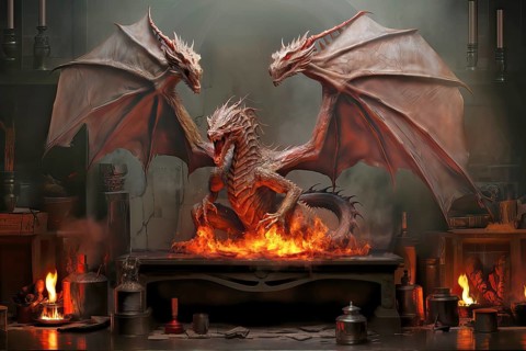 Fire breathing dragon with big open wings, claws and fangs, AI Generated, AI generated