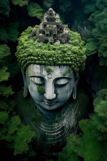 Aerial view of a Giant Buddha head surrounded by an Asian tropical forest, AI Generated, AI