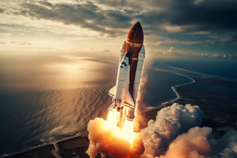 Aerial view of a rocket shuttle carrier launch at sunrise over an ocean coast. The rocket is