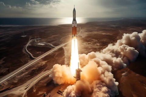Aerial view of a rocket launch at sunrise sunset over an ocean coast. The rocket is blasting off