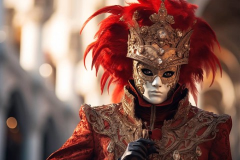 A person adorned in a richly detailed and colorful carnival costume, complete with an elaborate