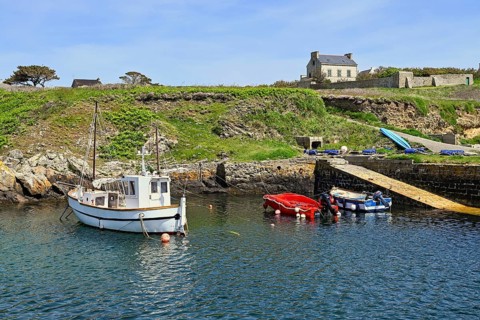 Boats in the small inland harbour of Lampaul, Ouessant Island, Finistere, Brittany, France, Europe