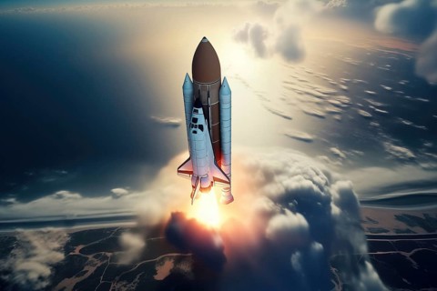 Aerial view of a rocket shuttle carrier launch at sunrise over an ocean coast. The rocket is