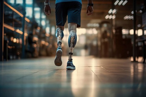 Amputee sportsman walking in corridor with bionic prosthetic legs prosthesis with robotic