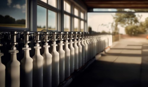 Plant for the production of milk and dairy products, conveyor belt with bottles of milk, AI