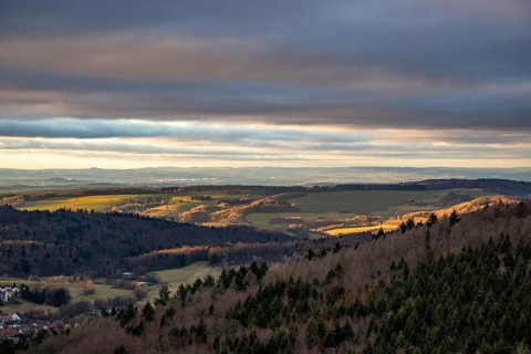Landscape at the Grosser Zacken, Taunus volcanic region. A cloudy, sunny autumn day, meadows,