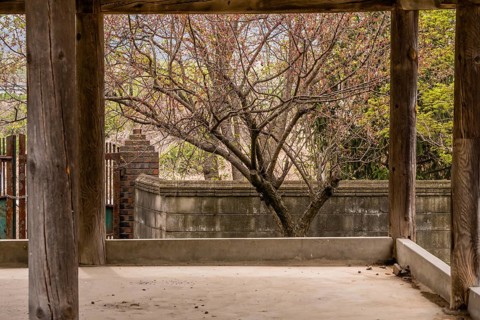 Inside view of old oriental style covered pavilion surrounded by a concrete wall in an overgrown