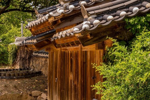 Ceramic tiles on roof of wooden gate located at public park displaying traditional Korean