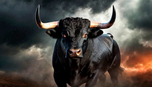 Dangerous black bull with glowing eyes in front of menacing dark clouds and fire, AI generated, AI
