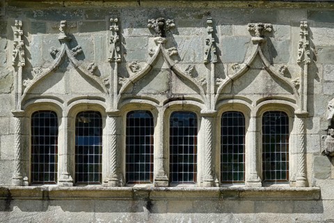 Window of the ossuary from the 16th century, Enclos Paroissial de Pleyben, Finistere department,