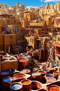Drone view of the Chouara tannery, Fez, Morocco, AI Generated, AI generated, Africa