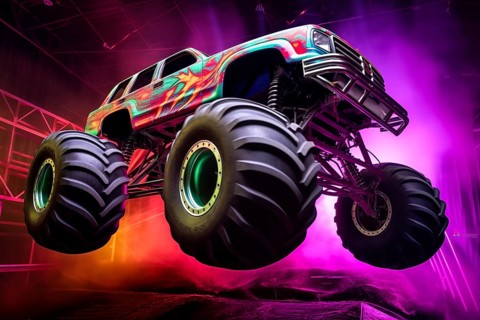 Monster truck with neon lighting, jumping off-road in cloud of dust. Excitement and thrill of an