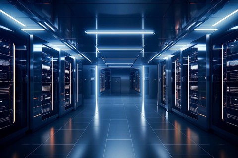 A modern data center with rows of server racks, high technology, artificial intelligence AI and
