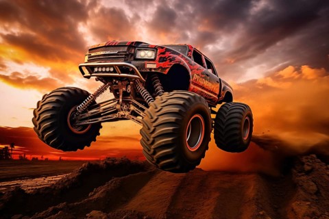 Monster truck driving and jumping outdoors amidst a cloud of dust. Thrill and adrenaline of an
