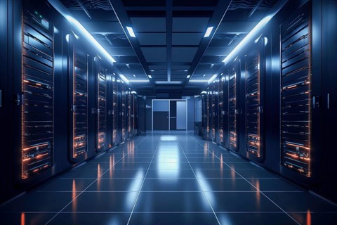 A modern data center with rows of server racks, high technology, artificial intelligence AI and
