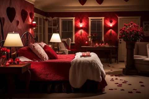 A cozy bedroom adorned with red and white heart-shaped balloons, rose petals, and candles creating