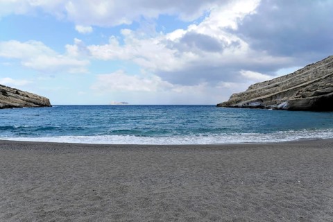 The bay of Matala, island, sea, village, summer, blue sky, beach, bathing beach, island of Crete,