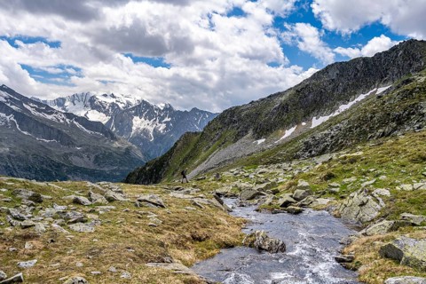 Mountaineers on a hiking trail, Berliner Hoehenweg, mountain panorama with glaciated mountain