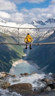 Mountaineer sitting on a suspension bridge over a mountain stream Alelebach, picturesque mountain