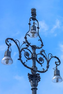 Historic street lamp in Piazza de Ferrari, blue sky, Genoa, Italy, Europe