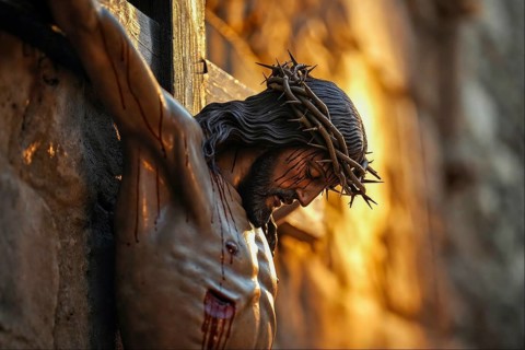 Statue of Jesus with crown of thorns symbolises crucifixion and Christian suffering, AI generated,