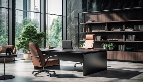 Sleek modern office with a panoramic window and an indoor plant, AI generated