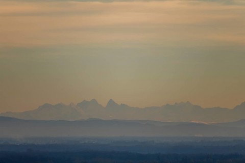 Silhouette of the Alps, seen from the Vosges mountains 200 km away. Bas-Rhin, Alsace, Grand Est,