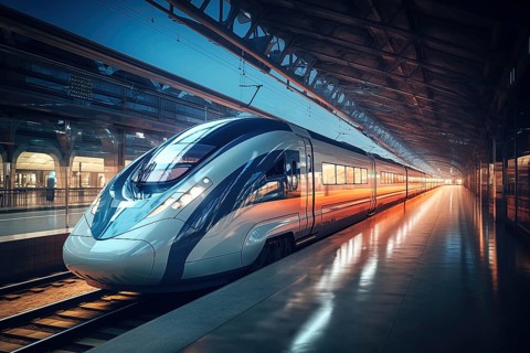 Modern high speed train in a futuristic train station. Modern transportation technology, speed,