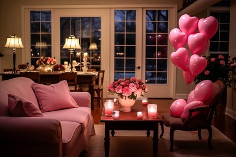 A cozy living room adorned with Valentine's Day decorations, featuring pink balloons, a bouquet of