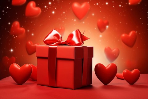Red gift box adorned with a silky bow, surrounded by radiant hearts illuminating a romantic