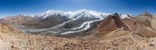 Panorama, high mountain landscape with glacier moraines and glacier tongues, glaciated and