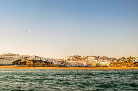 Albufeira with Fishermen Beach seen from the water, Algarve, south of Portugal